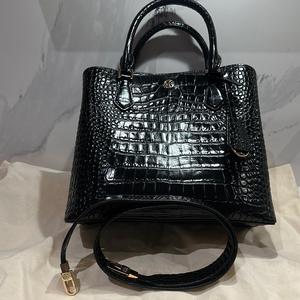 Tory Burch Black Robinson Satchel with Crocodile Patent Leather Embossing